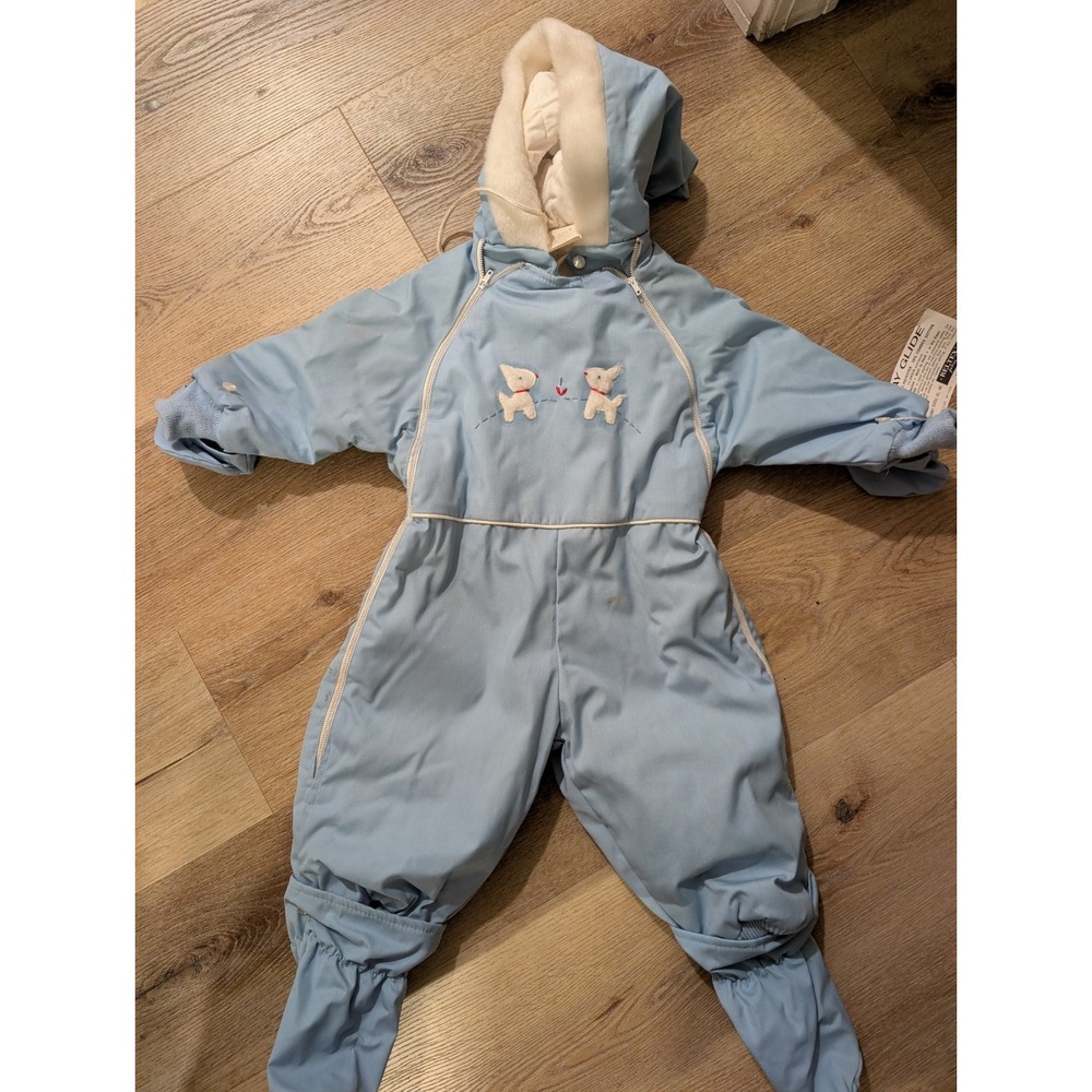 Vintage Baby Snowsuit Gay Glide Reltex NOS Blue Dog Applique Hooded Bunting USA